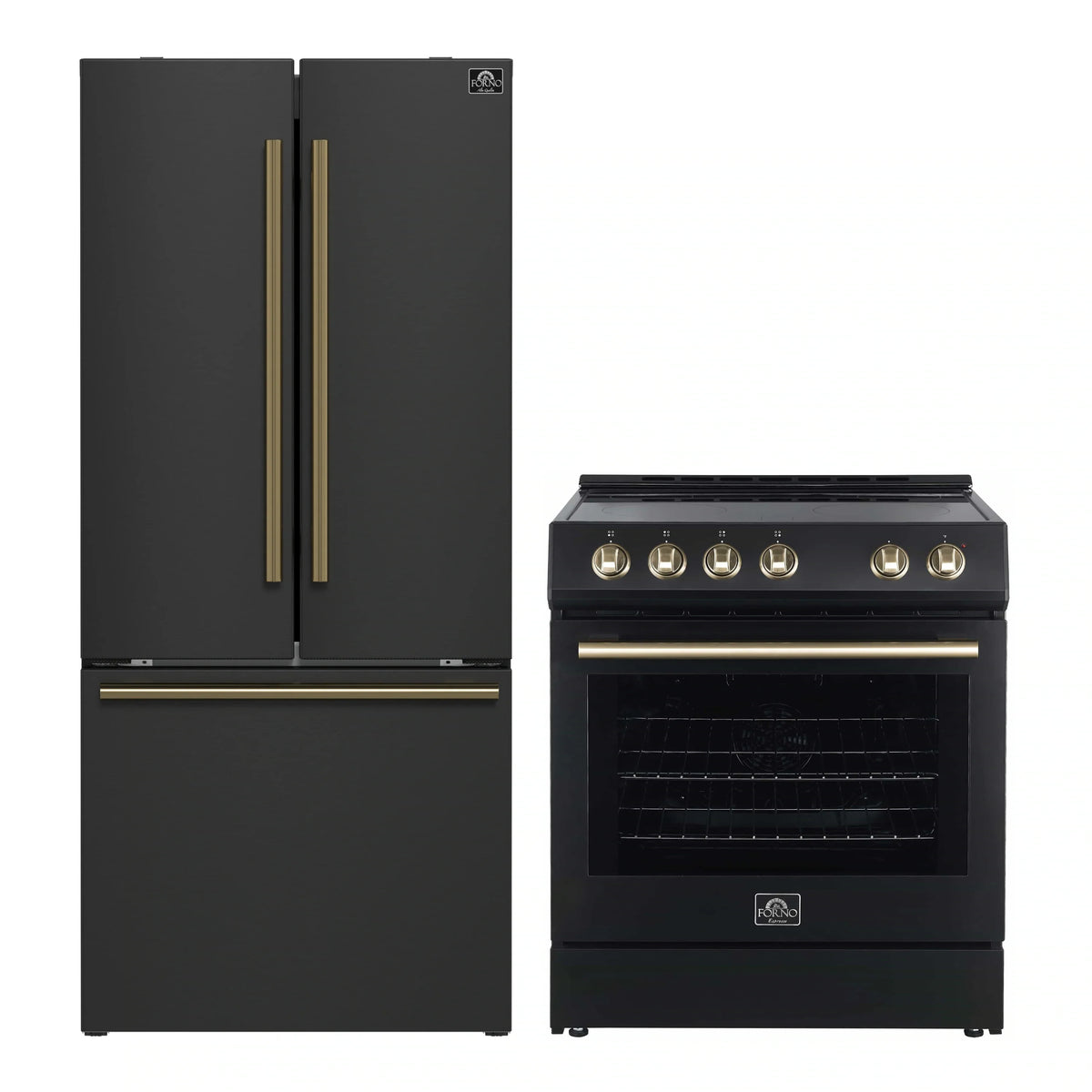 Forno 2-Piece Appliance Package - 30-Inch Electric Range and 30-Inch French Door Refrigerator in Black with Antique Brass Trim (FBDL-003-15US)