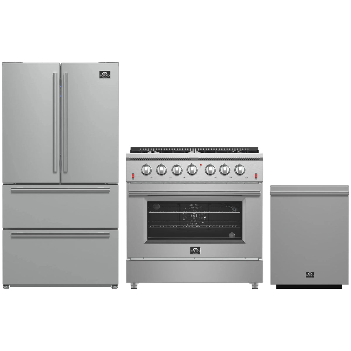 Forno 3-Piece Appliance Package - 36-Inch Gas Range, French Door Refrigerator, and Dishwasher in Stainless Steel (FBDL-004-01CAUS)