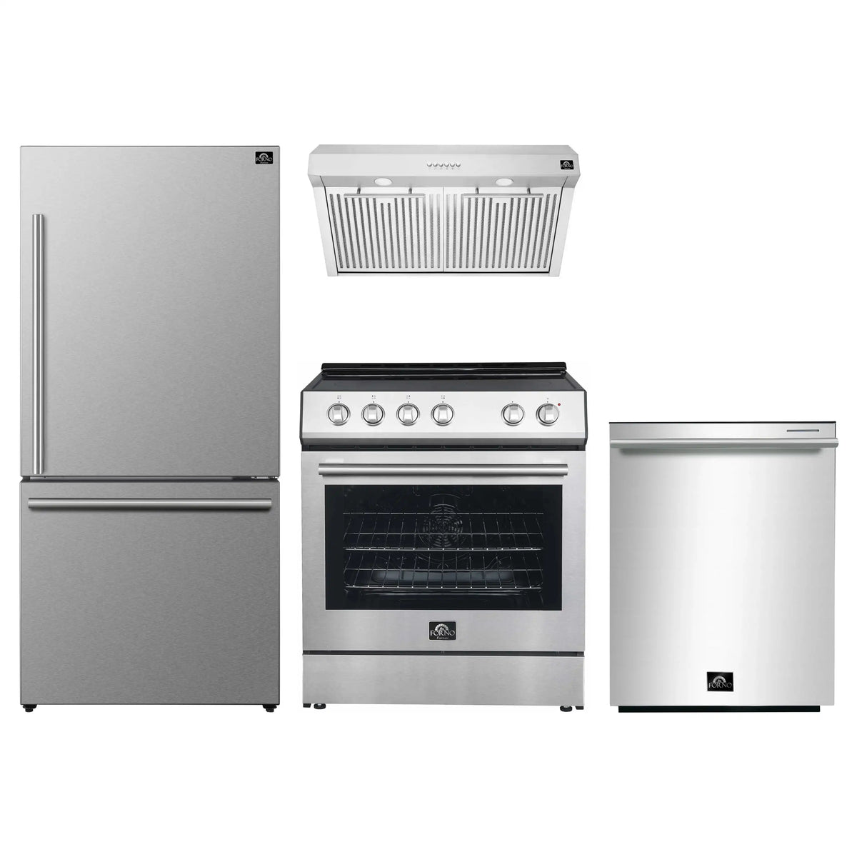 Forno 4-Piece Appliance Package: 30-Inch Electric Range, Hood, 31-Inch Refrigerator, Dishwasher, Stainless Steel (FBDL-006-01US)