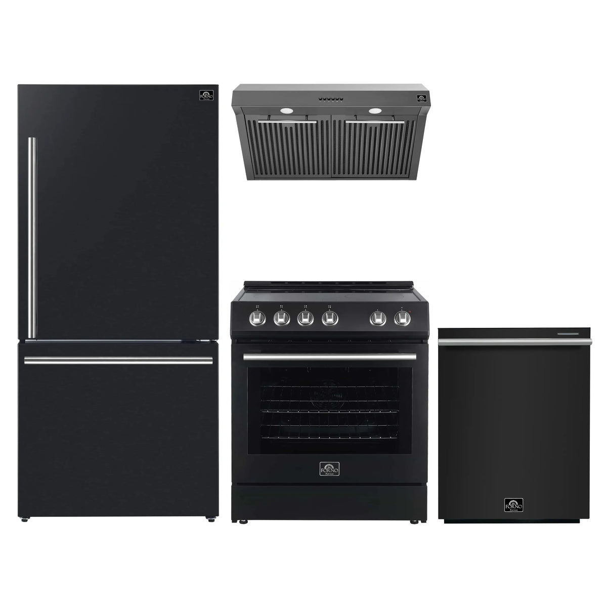 Forno 4-Piece Appliance Package: 30-Inch Electric Range, Hood, 31-Inch Refrigerator, Dishwasher, Black with Stainless Steel Trim (FBDL-006-02US)