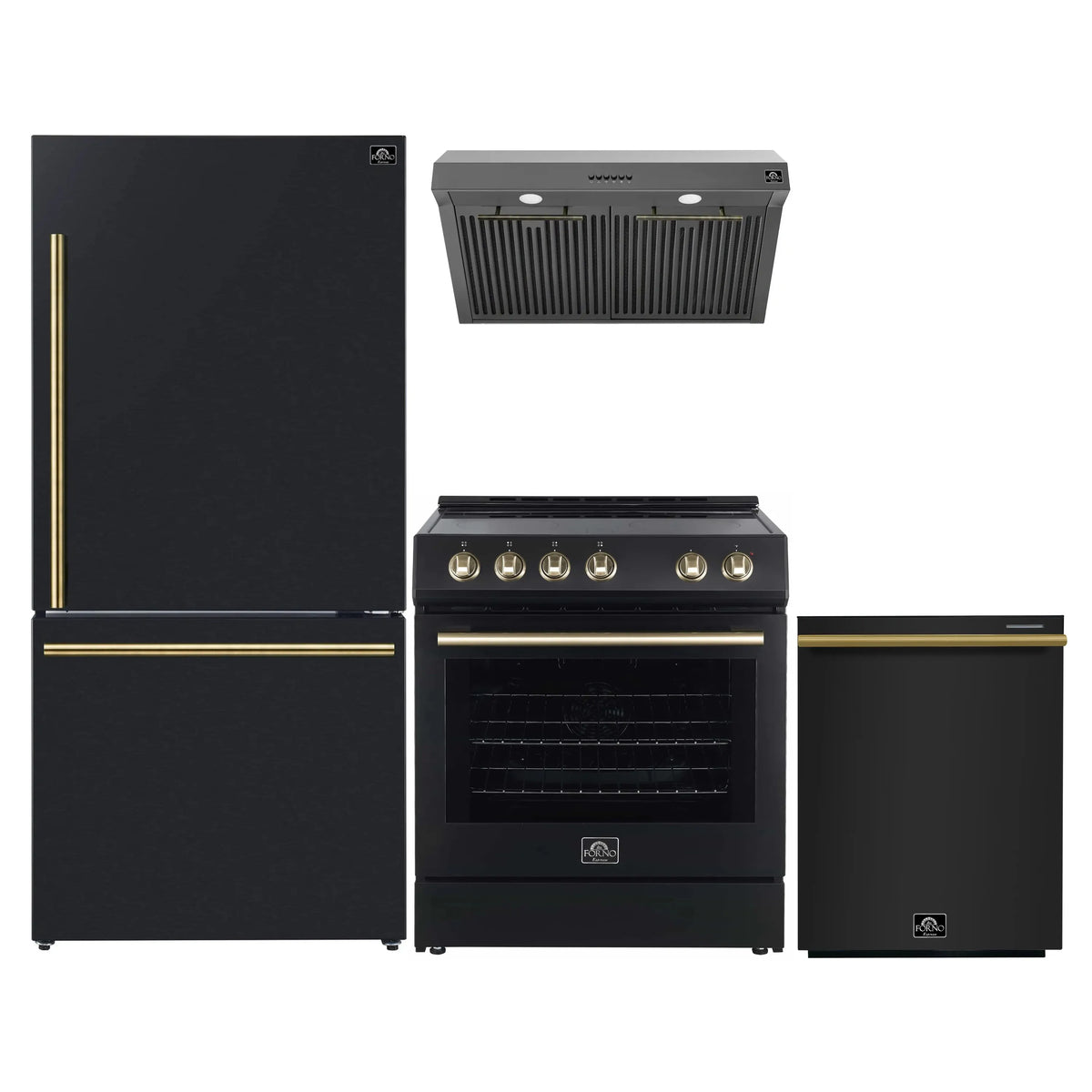 Forno 4-Piece Appliance Package: 30-Inch Electric Range, Hood, 31-Inch Refrigerator, Dishwasher, Black with Antique Brass Trim (FBDL-006-02US)