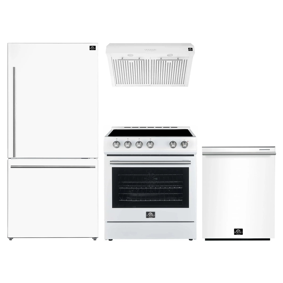Forno 4-Piece Appliance Package: 30-Inch Electric Range, Hood, 31-Inch Refrigerator, Dishwasher, White with Stainless Steel Trim (FBDL-006-03US)