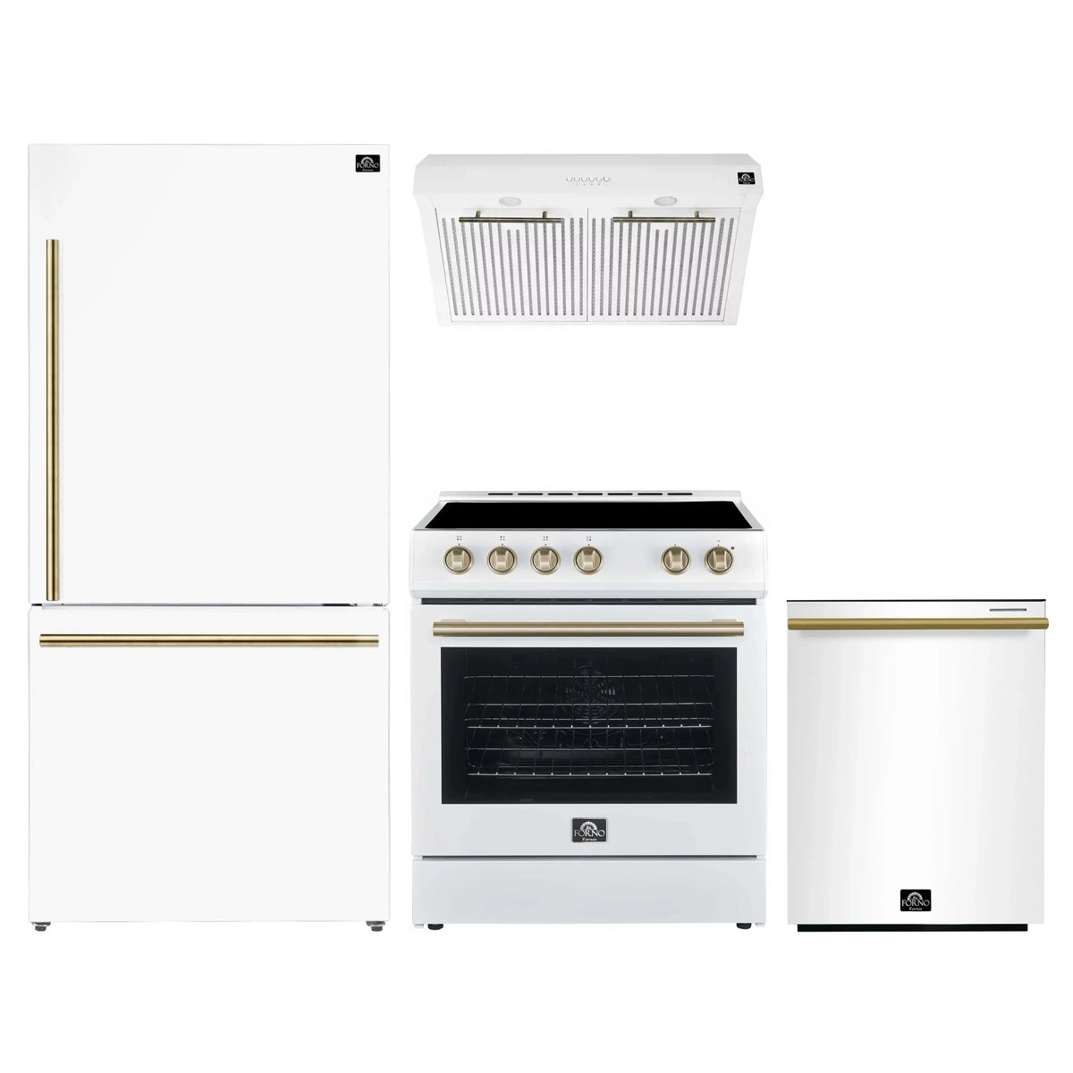 Forno 4-Piece Appliance Package: 30-Inch Electric Range, Hood, 31-Inch Refrigerator, Dishwasher, White with Antique Brass Trim (FBDL-006-03US)