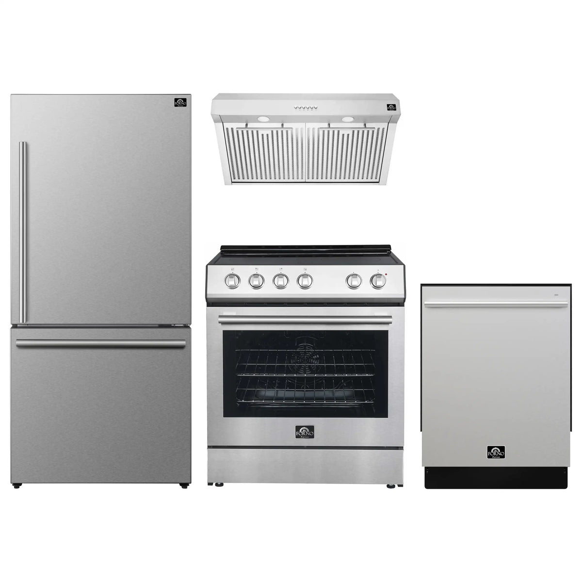 Forno 4-Piece Appliance Package: 30-Inch Electric Range, Hood, 31-Inch Refrigerator, Dishwasher, Stainless Steel (FBDL-010-01US)