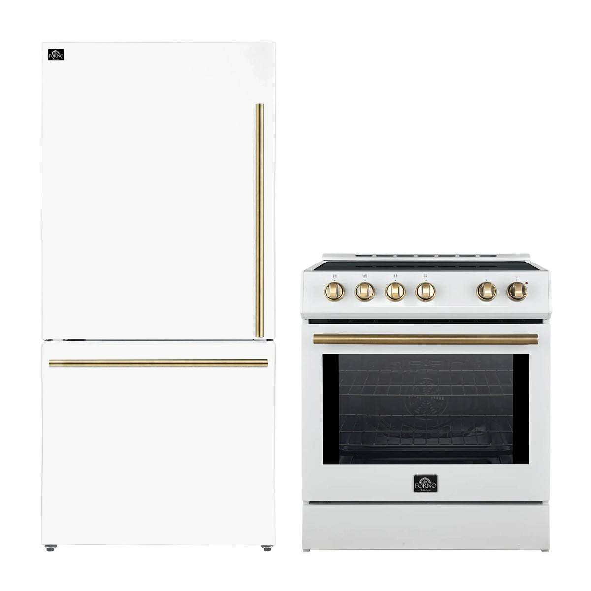Forno 2-Piece Appliance Package - 30-Inch Slide-In Induction Range and 31-Inch Refrigerator, Left Hinge in White with Antique Brass Trim (FBDL-014-07CAUS)