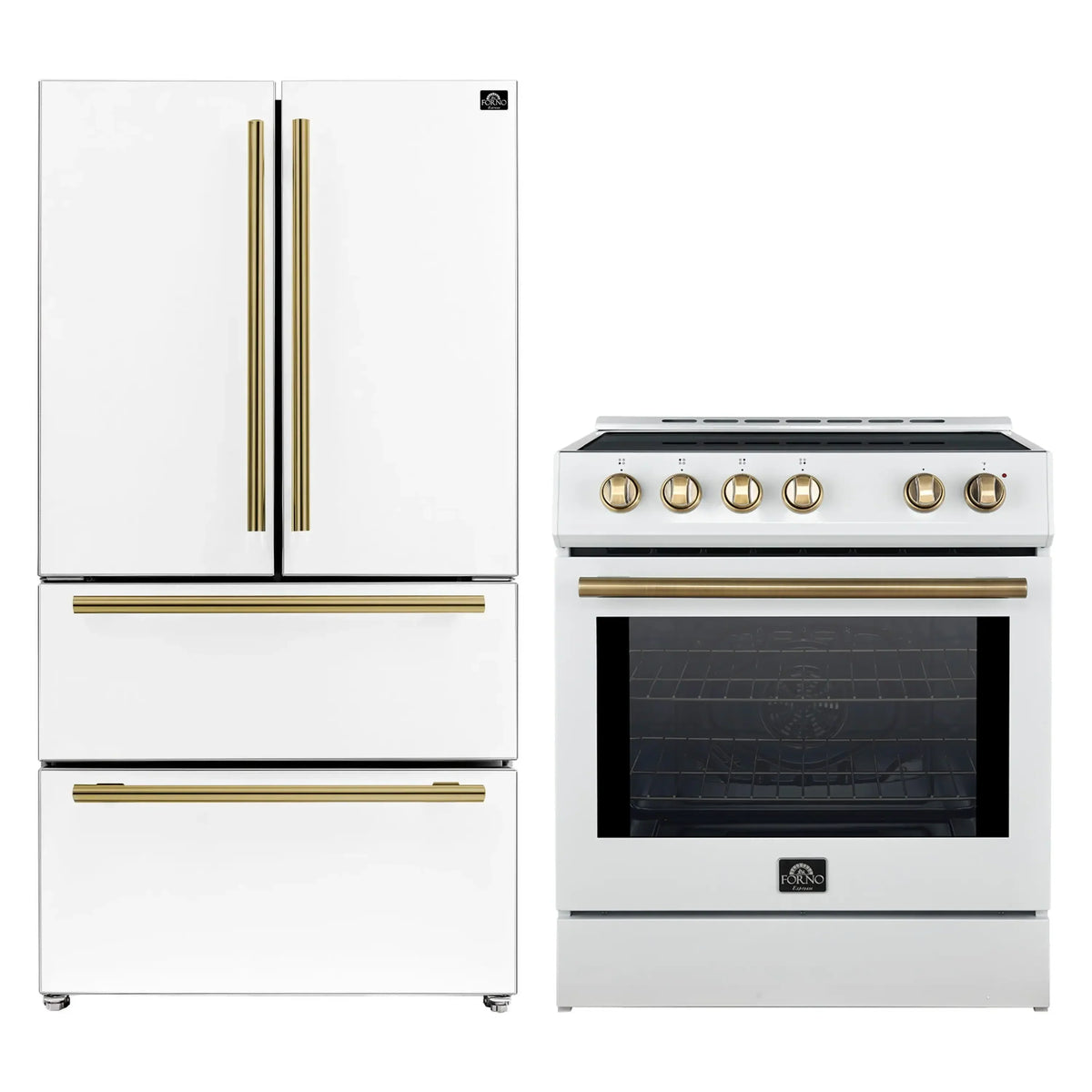 Forno 2-Piece Appliance Package - 30-Inch Slide-In Induction Range and 36-Inch French Door Refrigerator in White with Antique Brass Trim (FBDL-014-08CAUS)