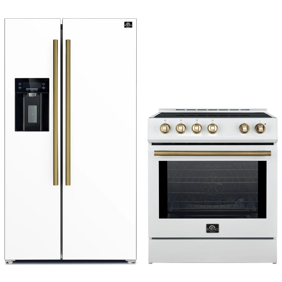 Forno 2-Piece Appliance Package - 30-Inch Slide-In Induction Range and 36-Inch Side by Side Refrigerator with Water Dispenser in White with Antique Brass Trim (FBDL-014-09CAUS)