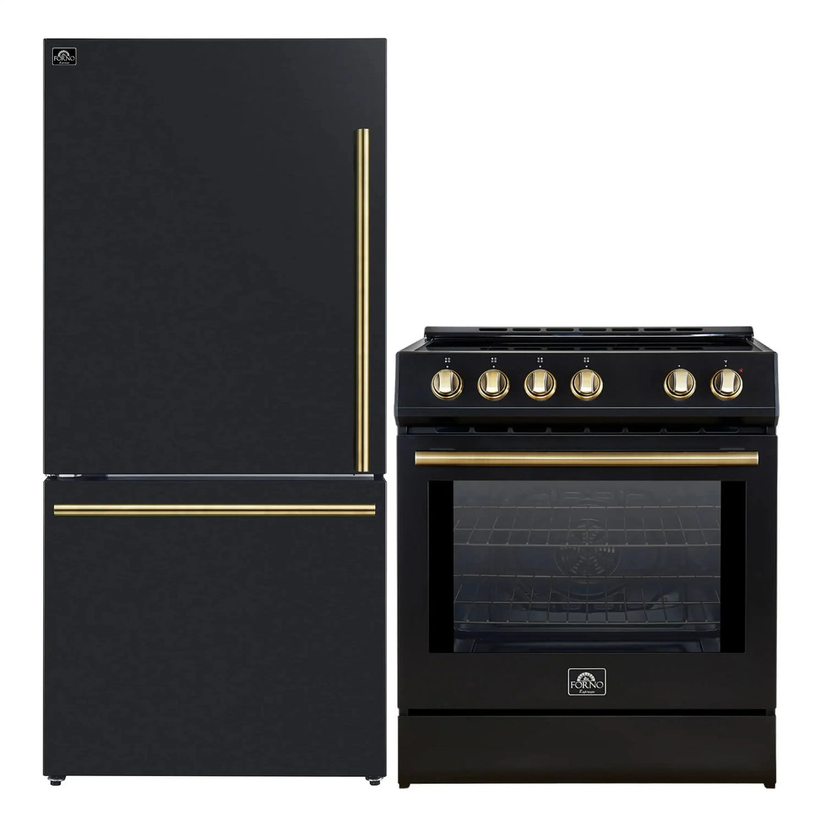 Forno 2-Piece Appliance Package - 30-Inch Slide-In Induction Range and 31-Inch Bottom Freezer Door Refrigerator in Black with Antique Brass Trim (FBDL-014-12CAUS)