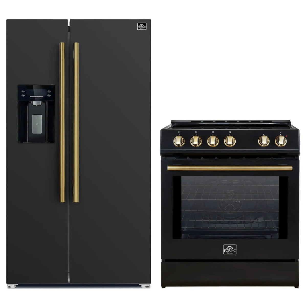 Forno 2-Piece Appliance Package - 30-Inch Slide-In Induction Range and 36-Inch Side by Side Refrigerator with Water Dispenser in Black with Antique Brass Trim (FBDL-014-14CAUS)