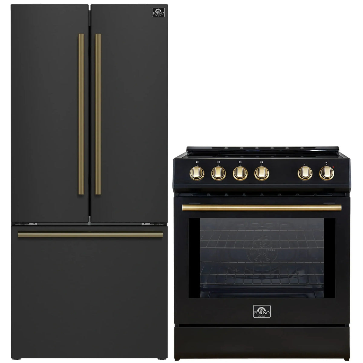 Forno 2-Piece Appliance Package - 30-Inch Slide-In Induction Range and 30-Inch French Door Refrigerator in Black with Antique Brass Trim (FBDL-014-15CAUS)