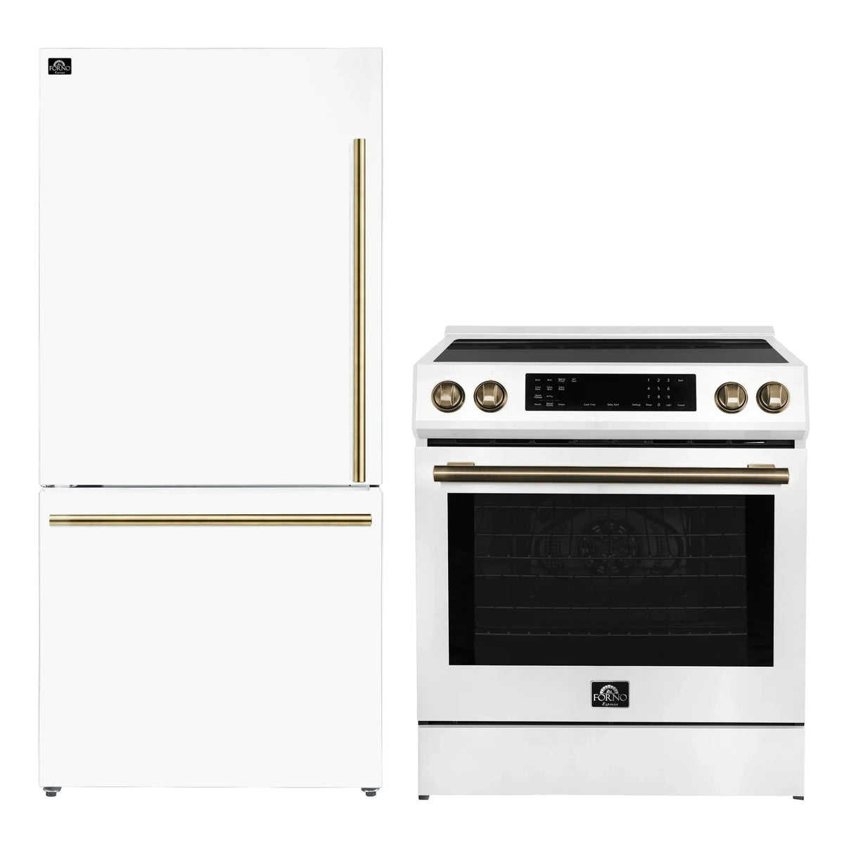 Forno 2-Piece Appliance Package - 30-Inch Induction Range and 31-Inch Refrigerator, Left Hinge in White with Antique Brass Trim (FBDL-015-07CAUS)