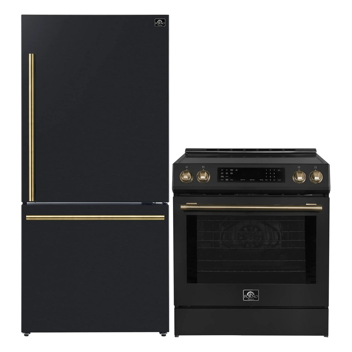 Forno 2-Piece Appliance Package - 30-Inch Induction Range and 31-Inch Refrigerator, Right Hinge in Black with Antique Brass Trim (FBDL-015-11CAUS)
