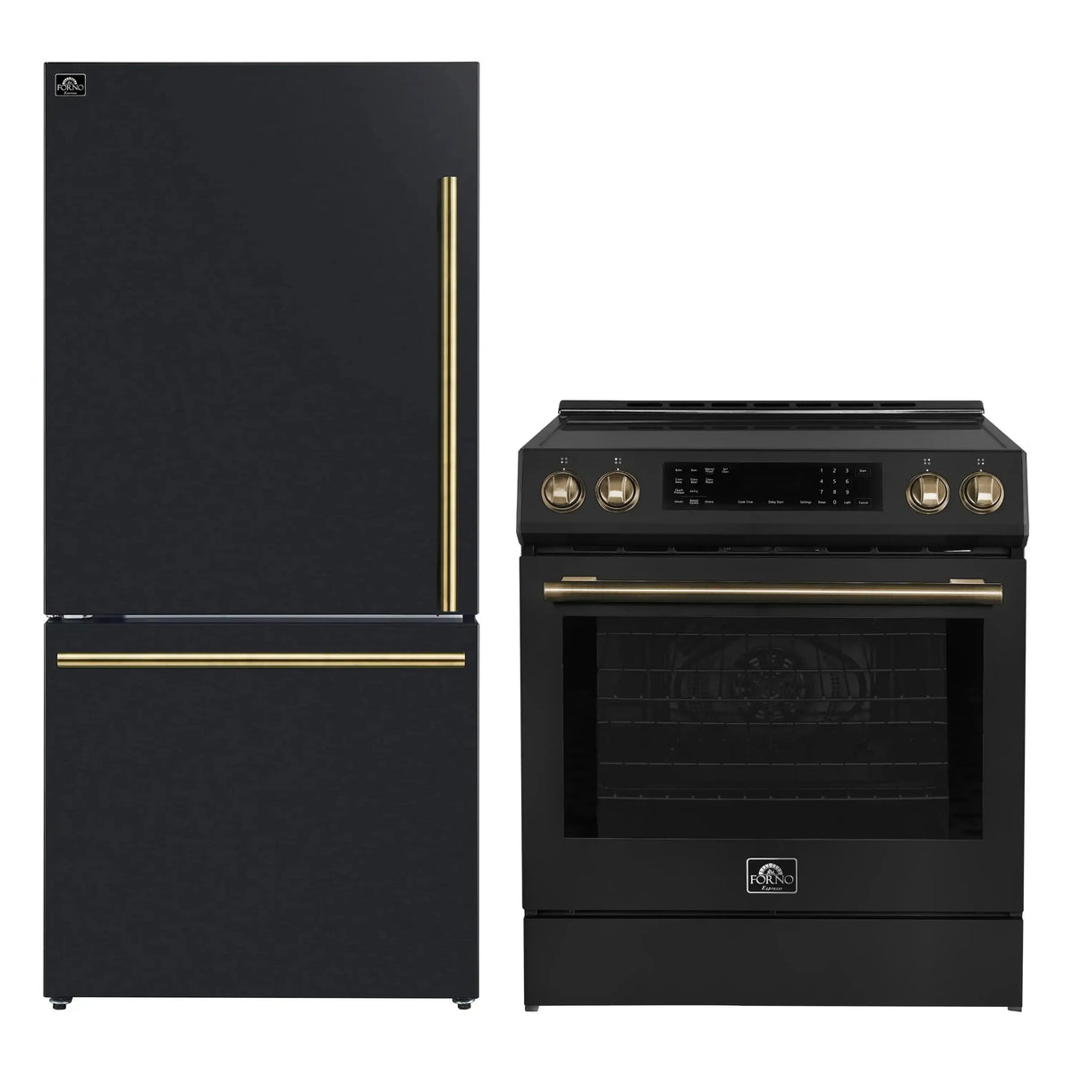 Forno 2-Piece Appliance Package - 30-Inch Induction Range and 31-Inch Bottom Freezer Door Refrigerator in Black with Antique Brass Trim (FBDL-015-12CAUS)