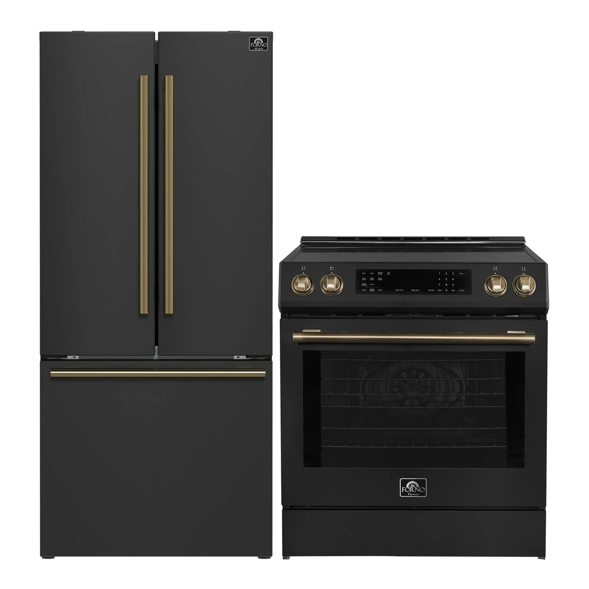 Forno 2-Piece Appliance Package - 30-Inch Induction Range and 30-Inch French Door Refrigerator in Black with Antique Brass Trim (FBDL-015-15CAUS)