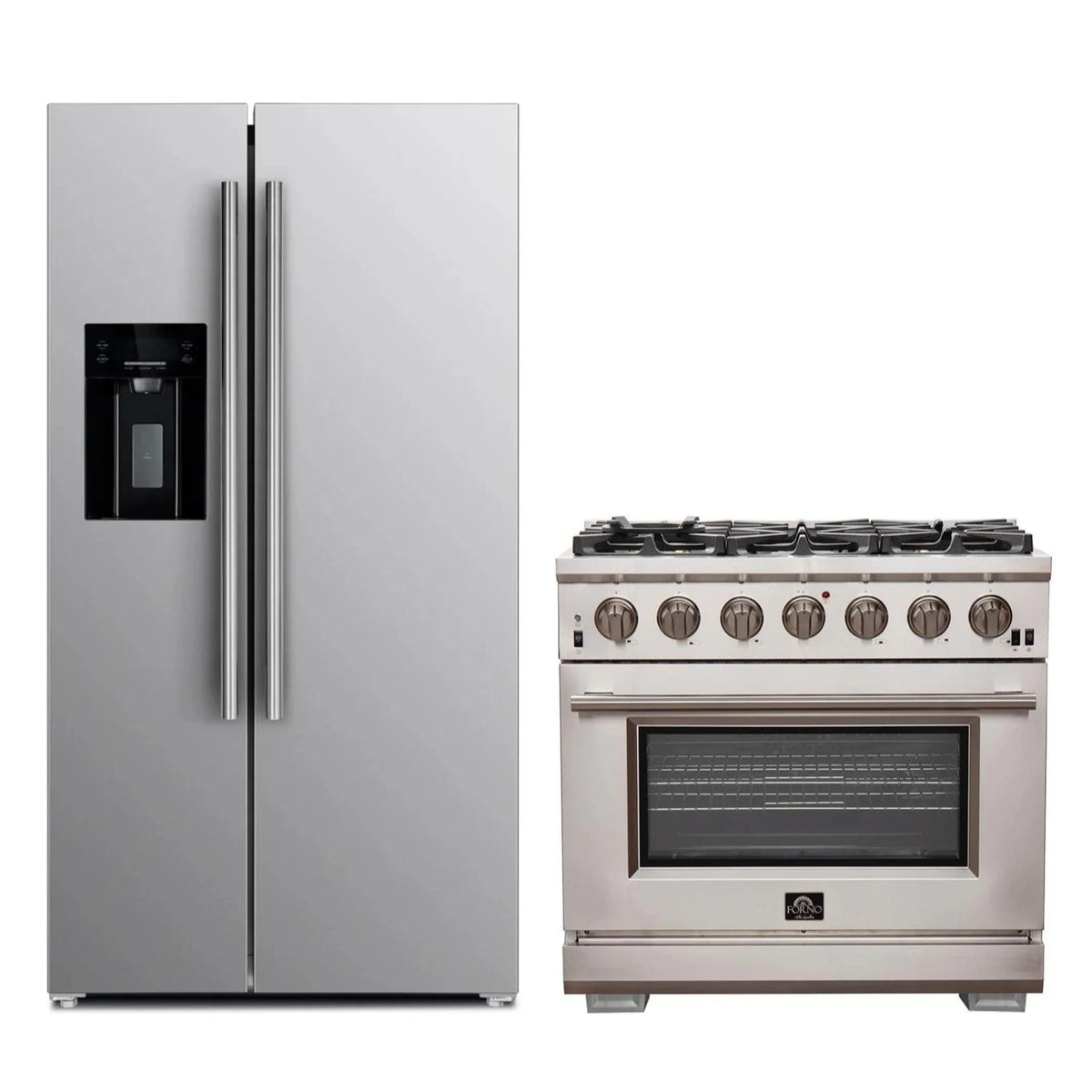 Forno 2-Piece Appliance Package: 36-Inch Gas Range, 36-Inch Water Dispenser Refrigerator, Stainless Steel (FBDL-019-02CAUS)