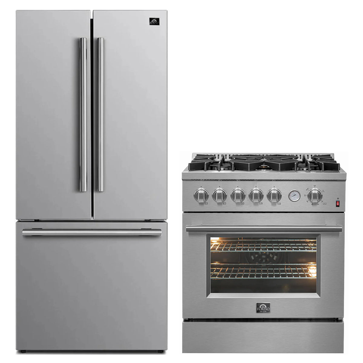FORNO 2-Piece Appliance Package- 30-Inch Gas Range and 30-Inch French Door Refrigerator in Stainless Steel (FBDL-020-01CAUS)