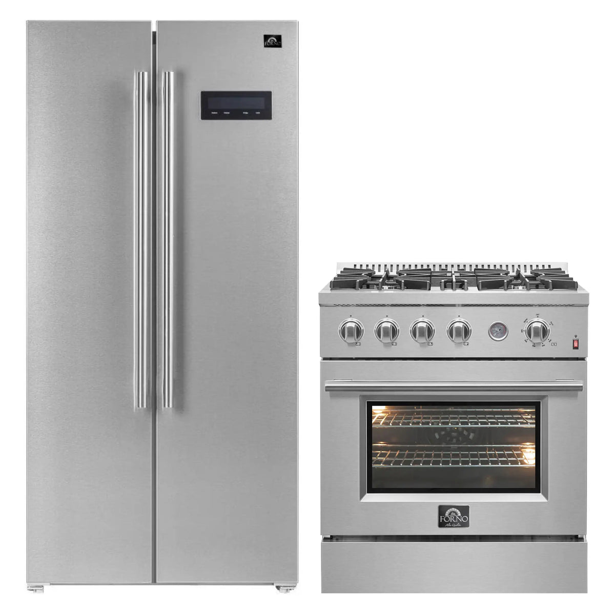 Forno 2-Piece Appliance Package: 30-Inch Gas Range, 33-Inch Side-by-Side Refrigerator, Stainless Steel (FBDL-021-01CAUS)