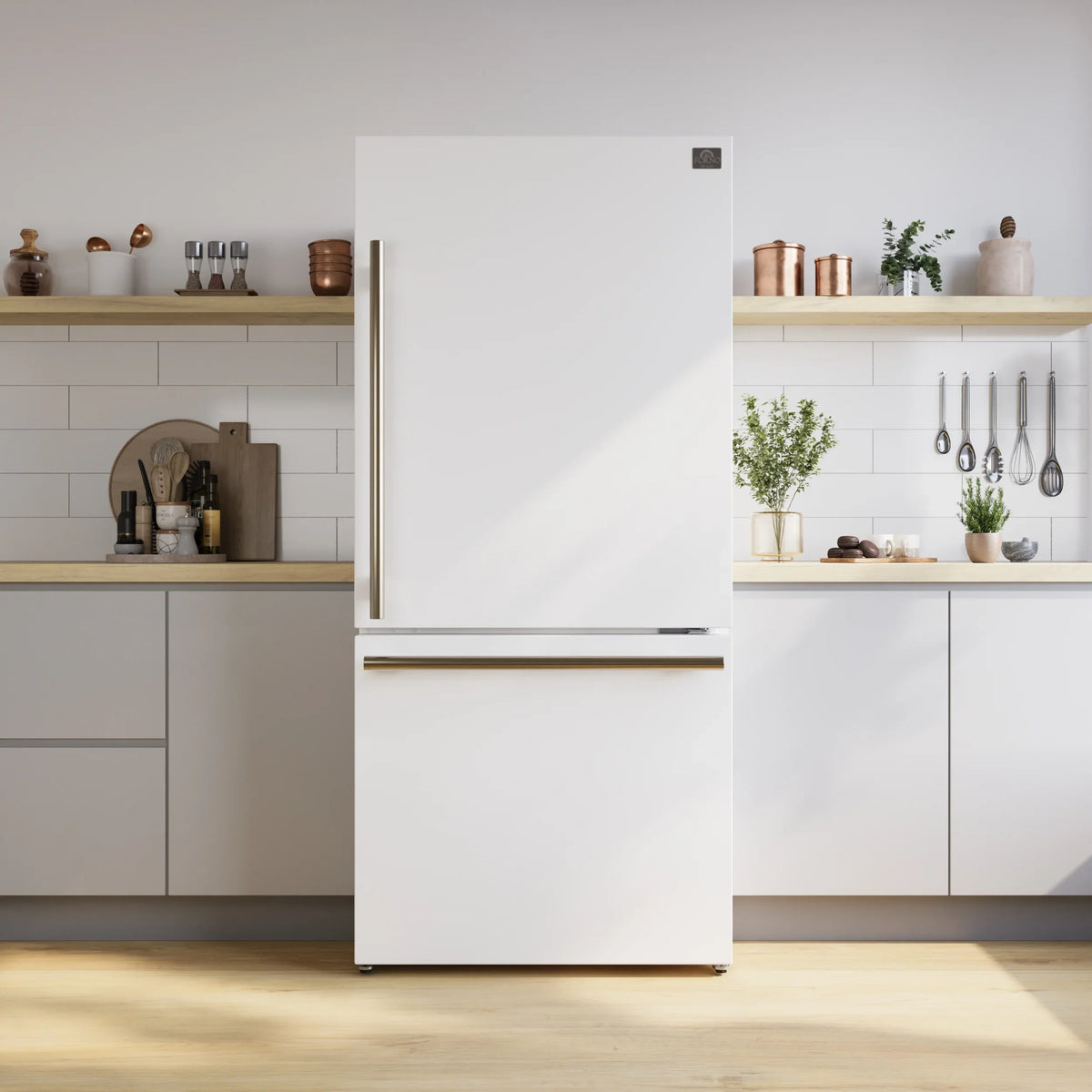 Forno Milano Espresso 62-Inch Freestanding Bottom Freezer Refrigerators Package, 34.4 Cu. Ft., White with Antique Brass Handle (FFFFD1787-60WHT)