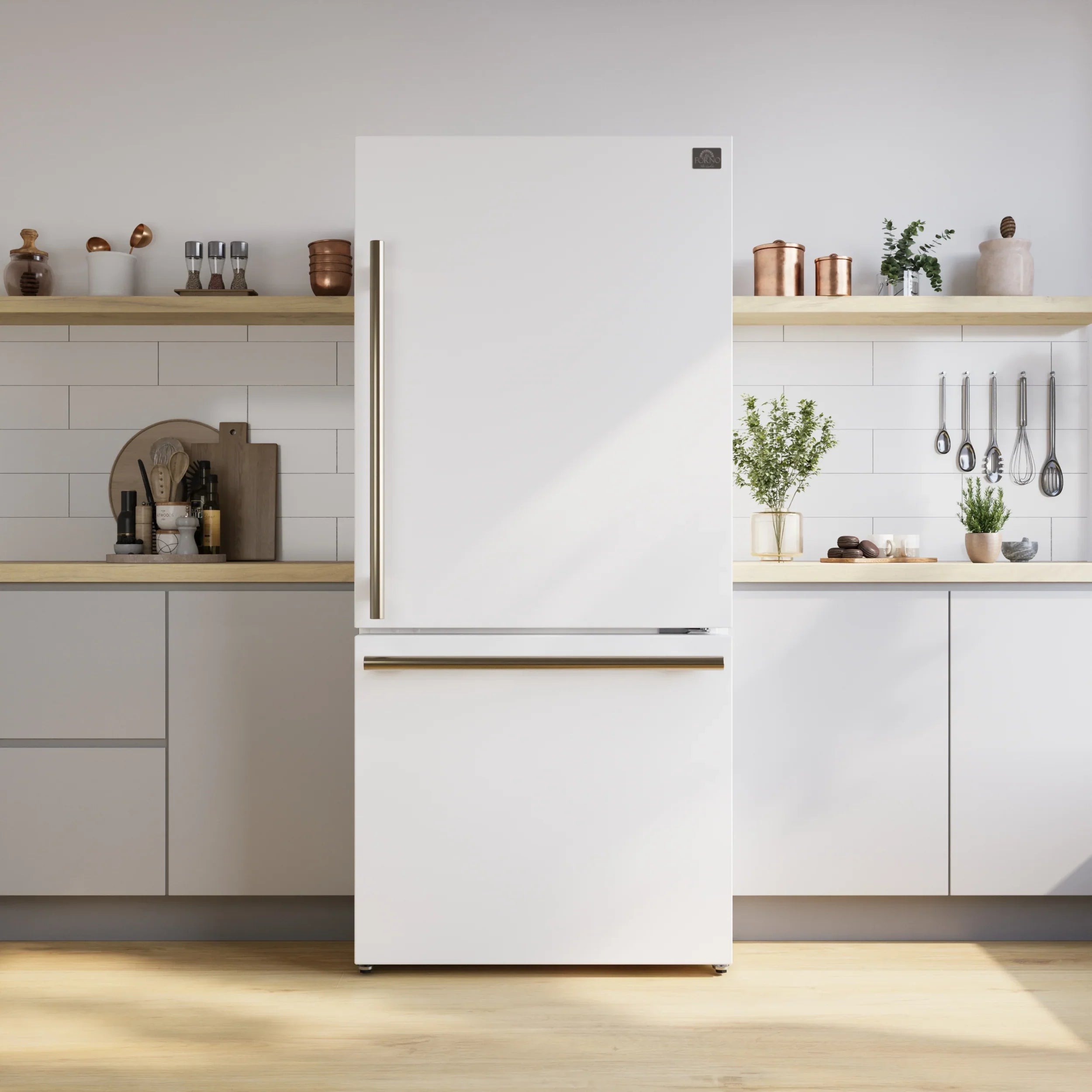 Forno Milano Espresso 31-Inch 17.2 cu. ft. Refrigerator and Bottom Freezer in White with Antique Brass Handle, Right Hinge (FFFFD1785-31WHT)