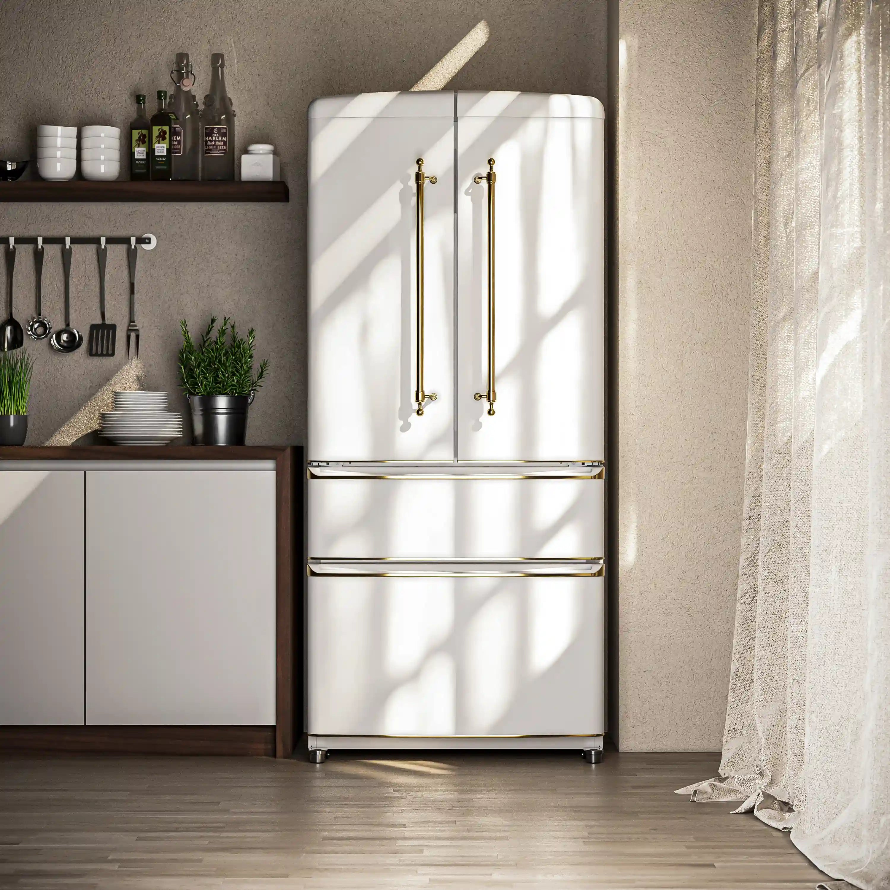Forno Luigi 33-Inch 18 cu.ft. French Door Refrigerator in White with Antique Brass Handles (FFFFD1791-33WHT)