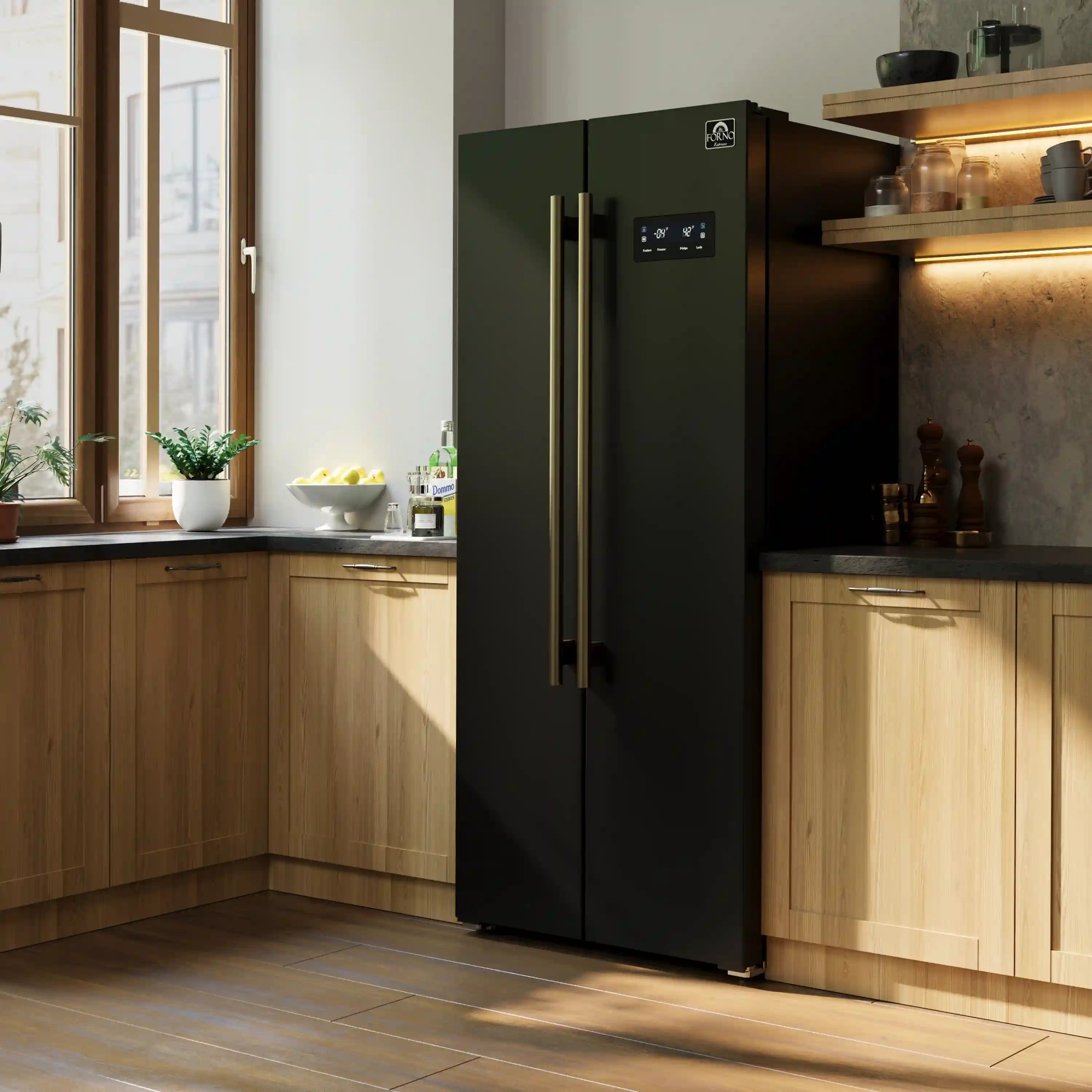 Forno Salerno Espresso 33-inch Side-by-Side 15.6 Cu.Ft. Refrigerator in Black with Antique Brass Trim (FFRBI1805-33BLK)