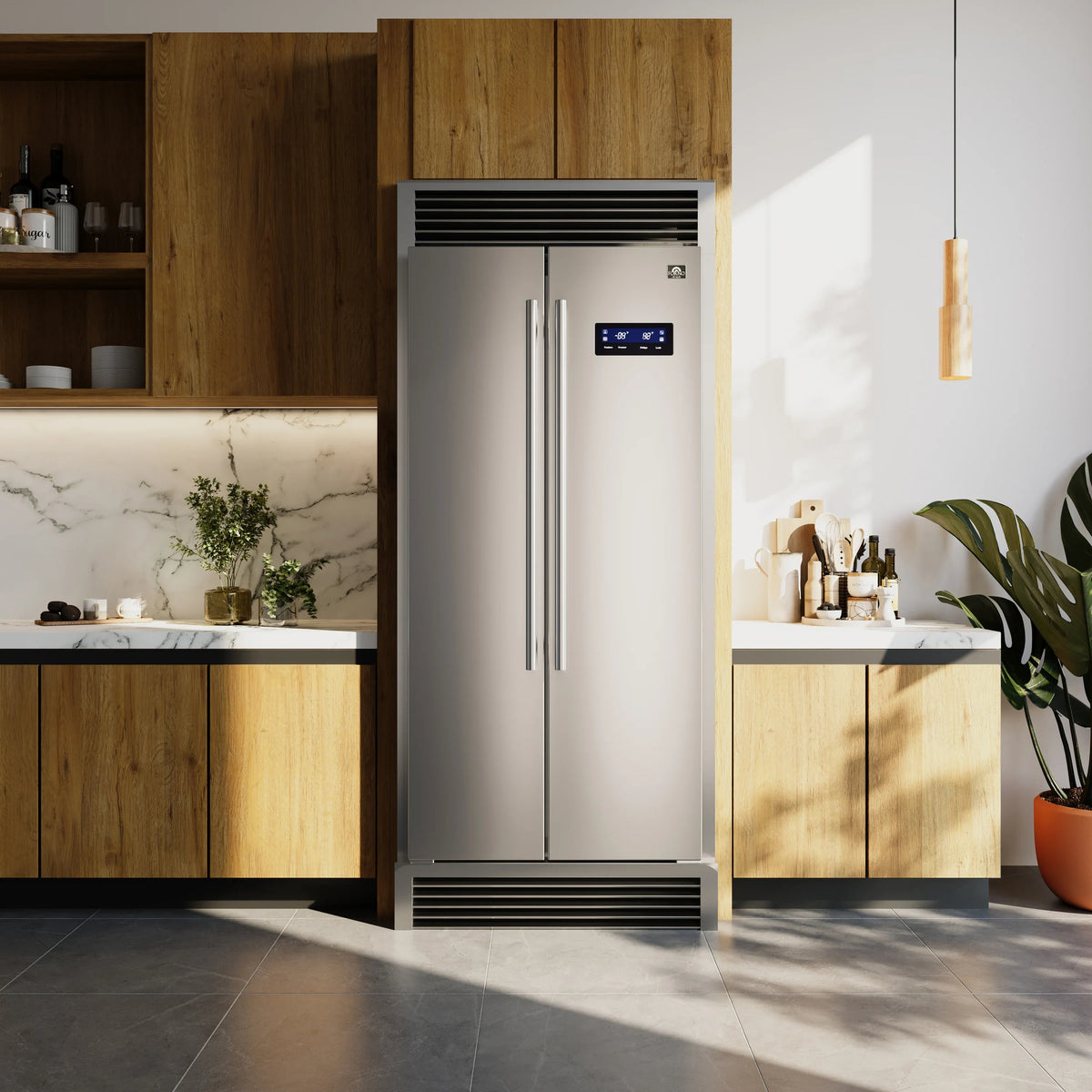 Forno 33-Inch Salerno Side-by-Side Counter Depth Refrigerator 15.6 Cu. Ft. in Stainless Steel with Professional Handle & 4” Decorative Grille (FFRBI1805-37SG)