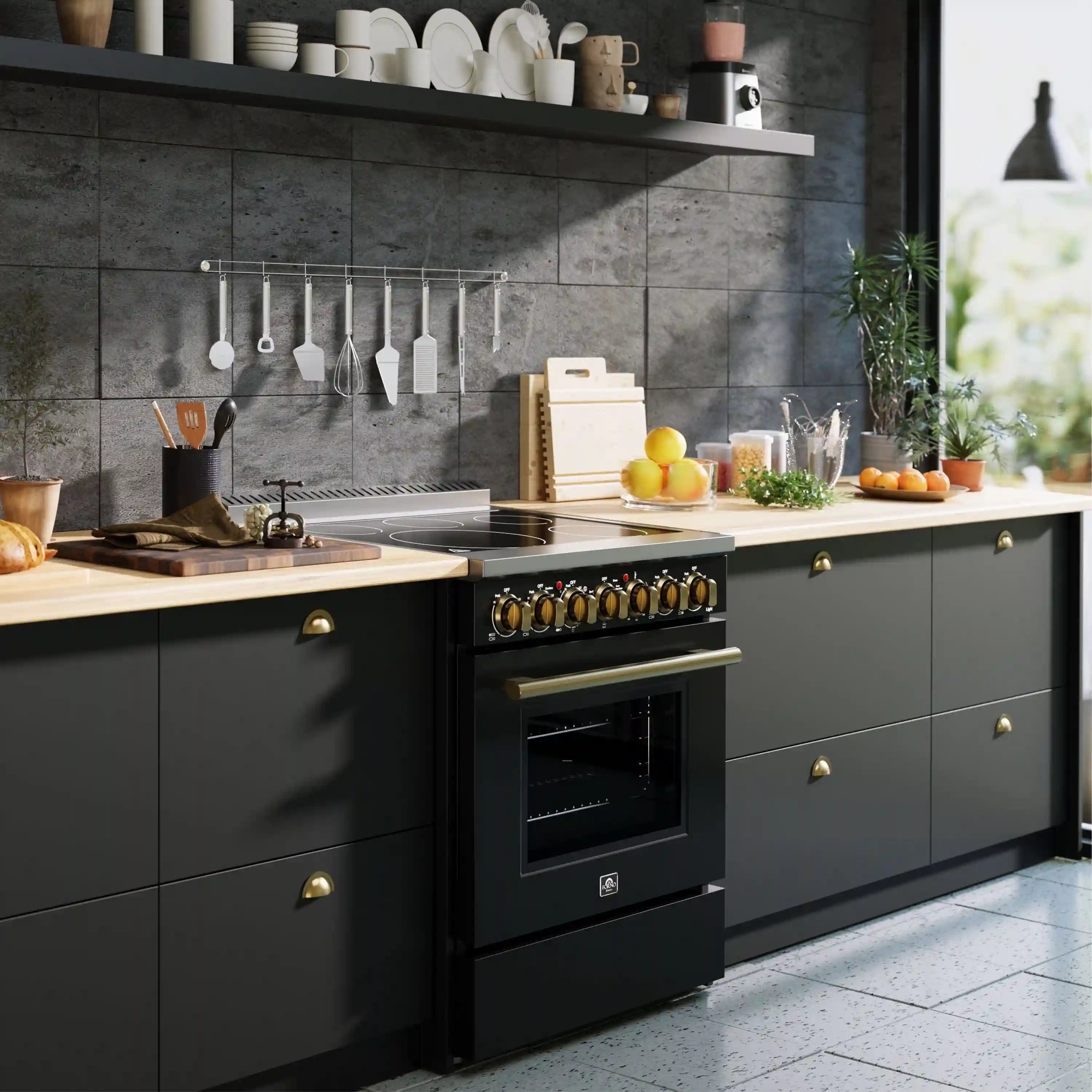Forno Paolo 30-Inch Freestanding Electric Range in Black with Antique Brass Handle (FFSEL6011-30BLK)