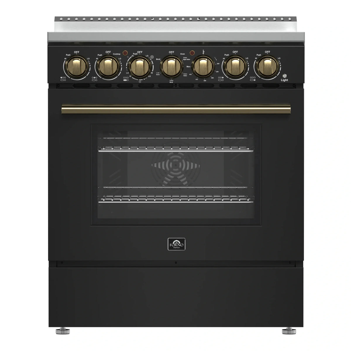 Forno 5-Piece Appliance Package - 30-Inch Electric Range, Wall Mount Range Hood, 36-Inch Refrigerator, Dishwasher, and 24-Inch Microwave Drawer in Black with Antique Brass Trim
