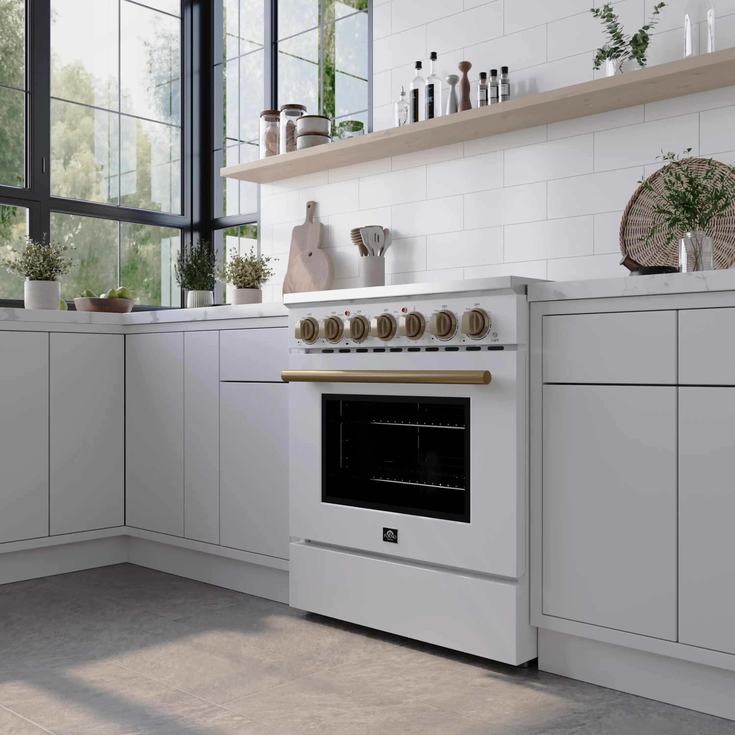 Forno Paolo 30-Inch Freestanding Electric Range in White with Antique Brass Handle (FFSEL6011-30WHT)