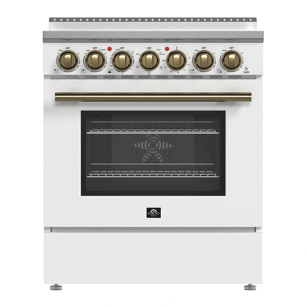 Forno 5-Piece Appliance Package - 30-Inch Electric Range, Wall Mount Range Hood, 36-Inch Refrigerator, Dishwasher, and 30-Inch Microwave Drawer in White with Antique Brass Trim