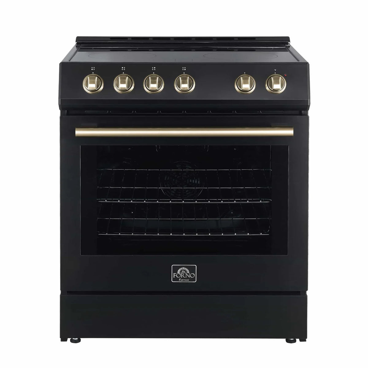 Forno Espresso 3-Piece Appliance Package - 30-Inch Electric Range with 5.0 Cu.Ft. Electric Oven, Refrigerator, and Under Cabinet Range Hood in Black with Antique Brass Trim (FBDL-001-02US)