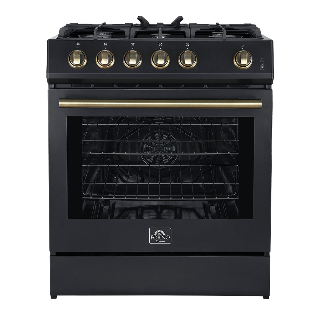 Forno 5-Piece Appliance Package - 30-Inch Gas Range, Under Cabinet Range Hood, Refrigerator, Dishwasher, and 30-Inch Microwave Drawer in Black with Antique Brass Trim