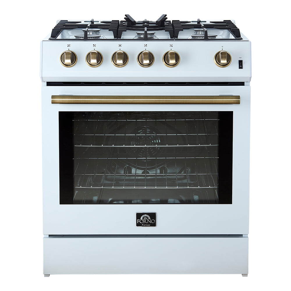 Forno 3-Piece Appliance Package - 30-Inch Gas Range, Refrigerator with Water Dispenser, and Dishwasher in White with Antique Brass Trim