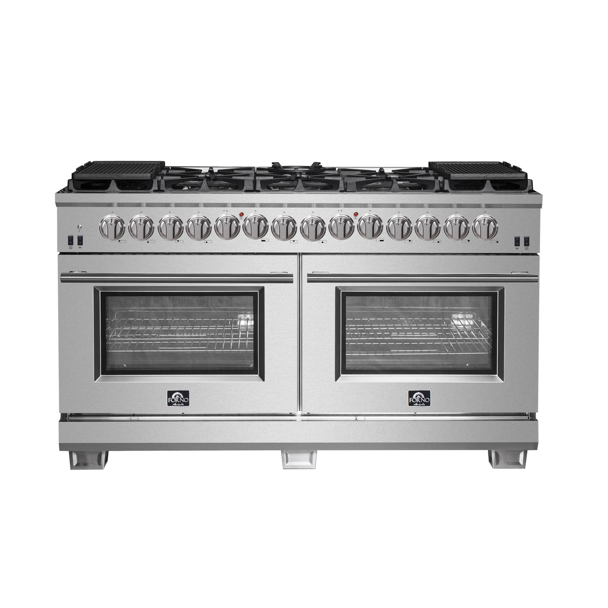 Forno 2-Piece Appliance Package: Capriasca 60-Inch Dual Fuel Range, Wall-Mount Range Hood, Stainless Steel