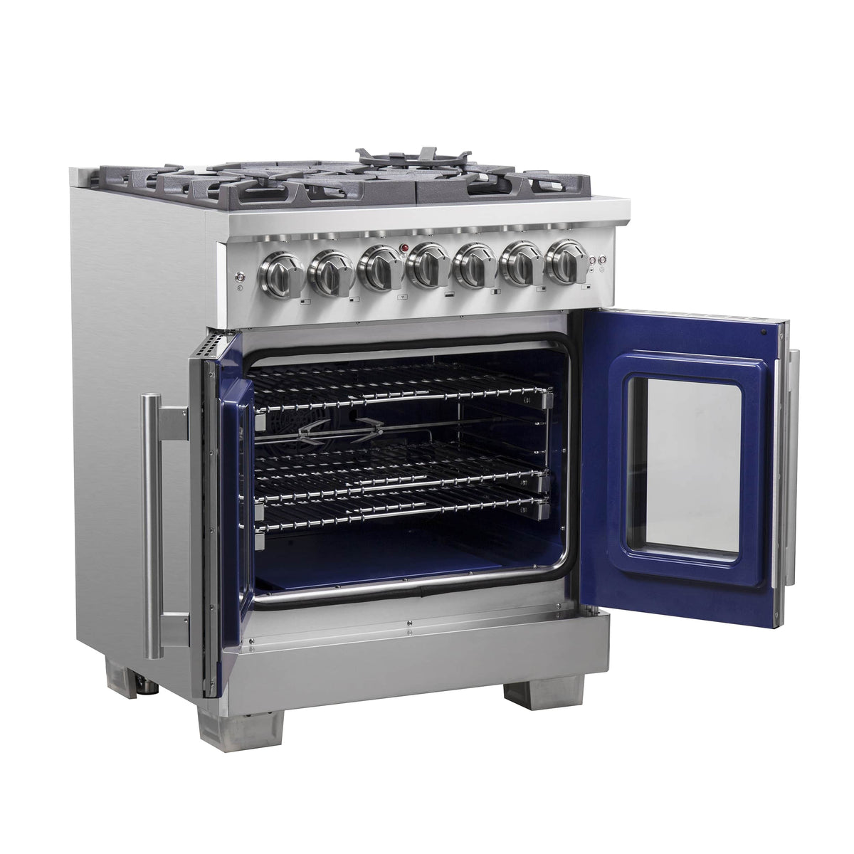 Forno Capriasca 30-Inch Freestanding Dual Fuel Range, 5 Gas Burners, 100,000 BTUs, French Door Electric Oven, Stainless Steel (FFSGS6387-30)
