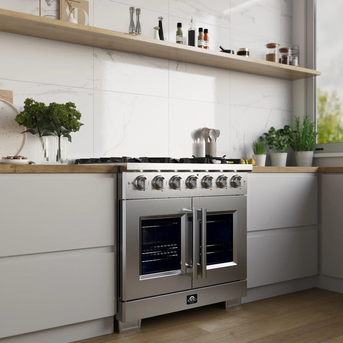 Forno Capriasca 36-Inch Freestanding Gas Range, 6 Burners, 120,000 BTUs, French Door Gas Oven, Stainless Steel (FFSGS6460-36)