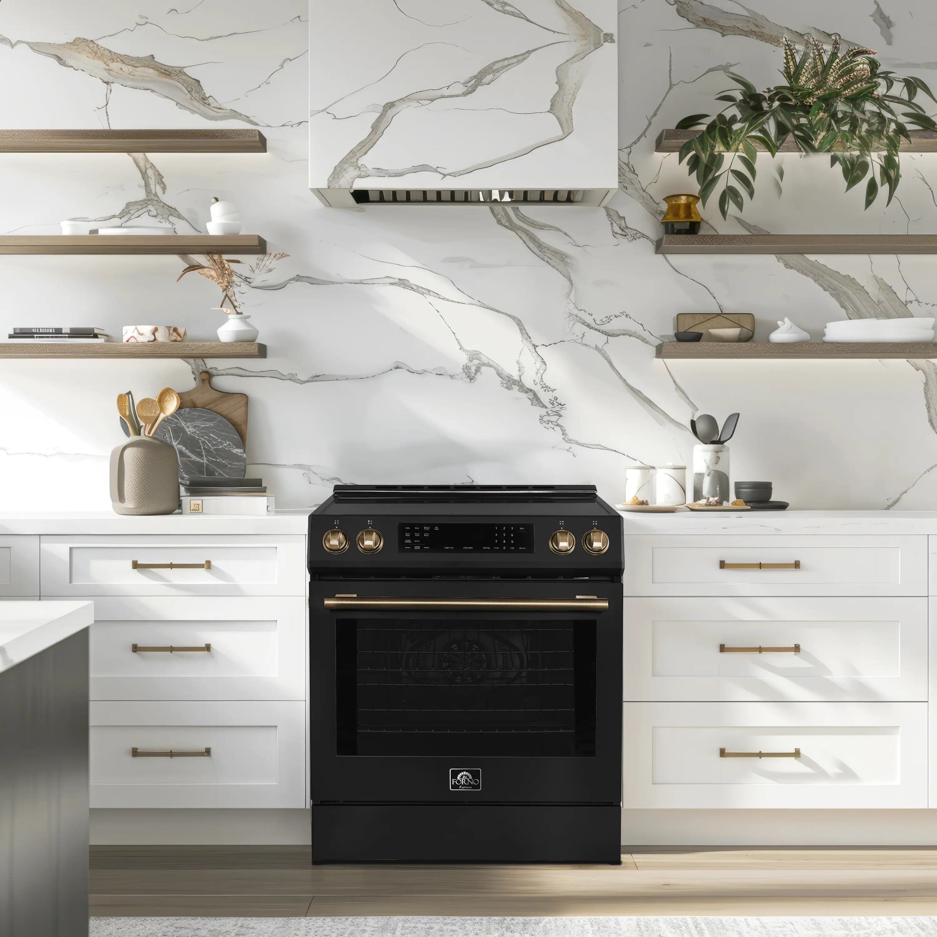 Forno Espresso Donatello 30-Inch Induction Range with Digital Display in Black with Antique Brass Trim (FFSIN0905-30BLK)
