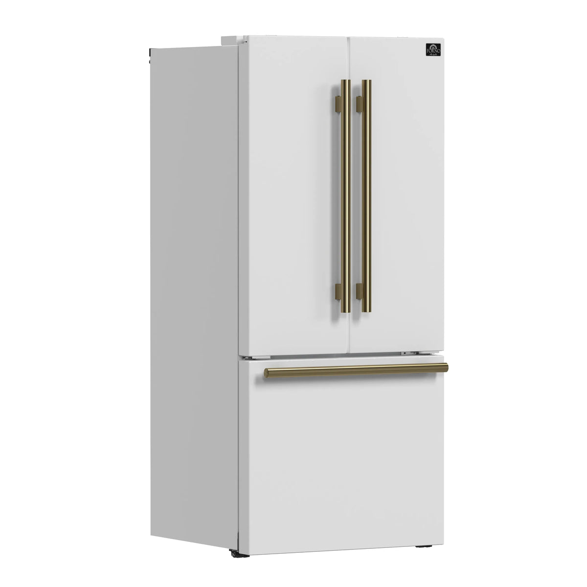 Forno Espresso Gallipoli 30-Inch Freestanding French Door Refrigerator, 17.5 Cu. Ft., Ice Maker, White with Antique Brass Handle (FFFFD1974-31WHT)