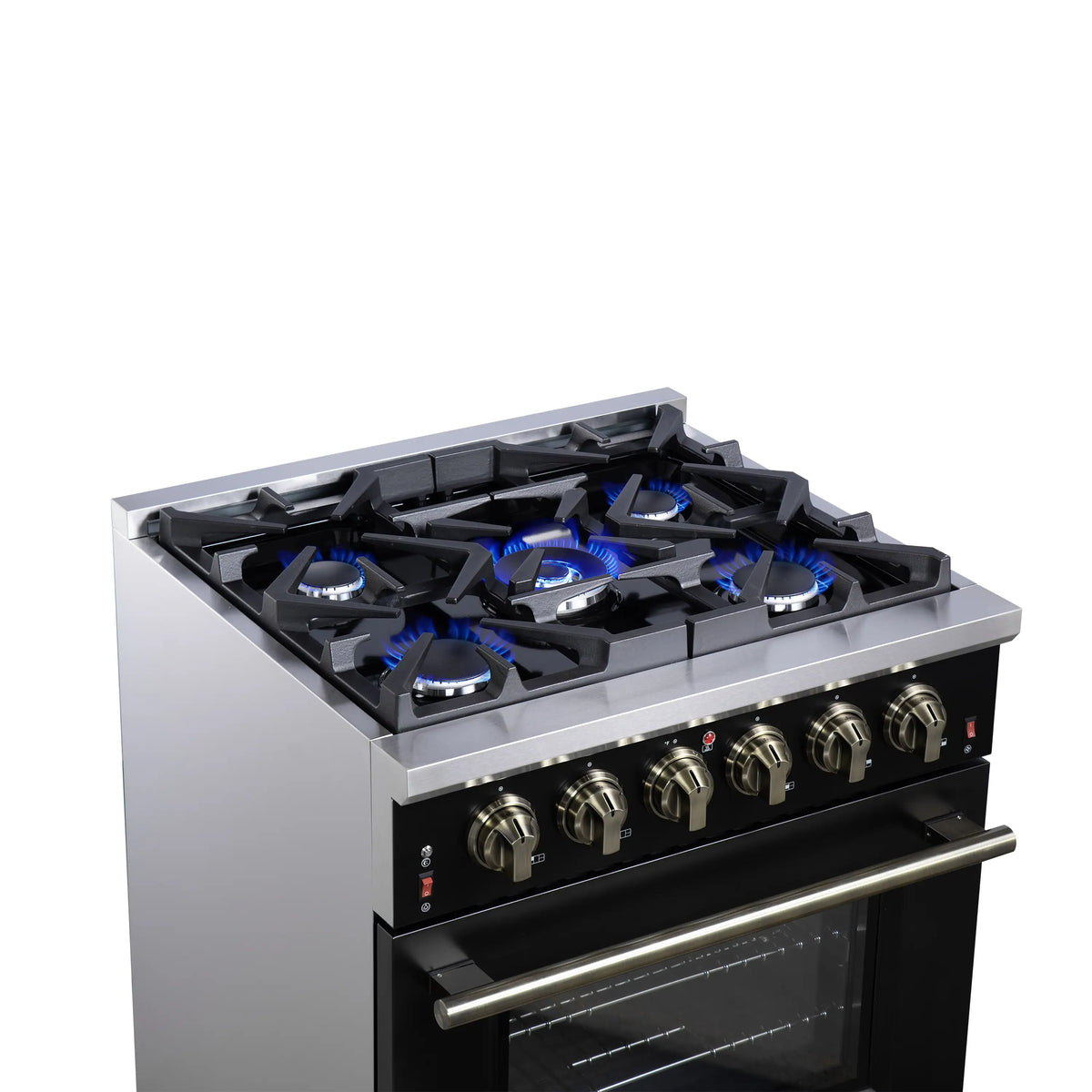 Forno Massimo 30-Inch Freestanding Gas Range, 4 Burners, 4.32 Cu. Ft. Convection Oven, Black with Antique Brass Handle (FFSGS6239-30BLK)