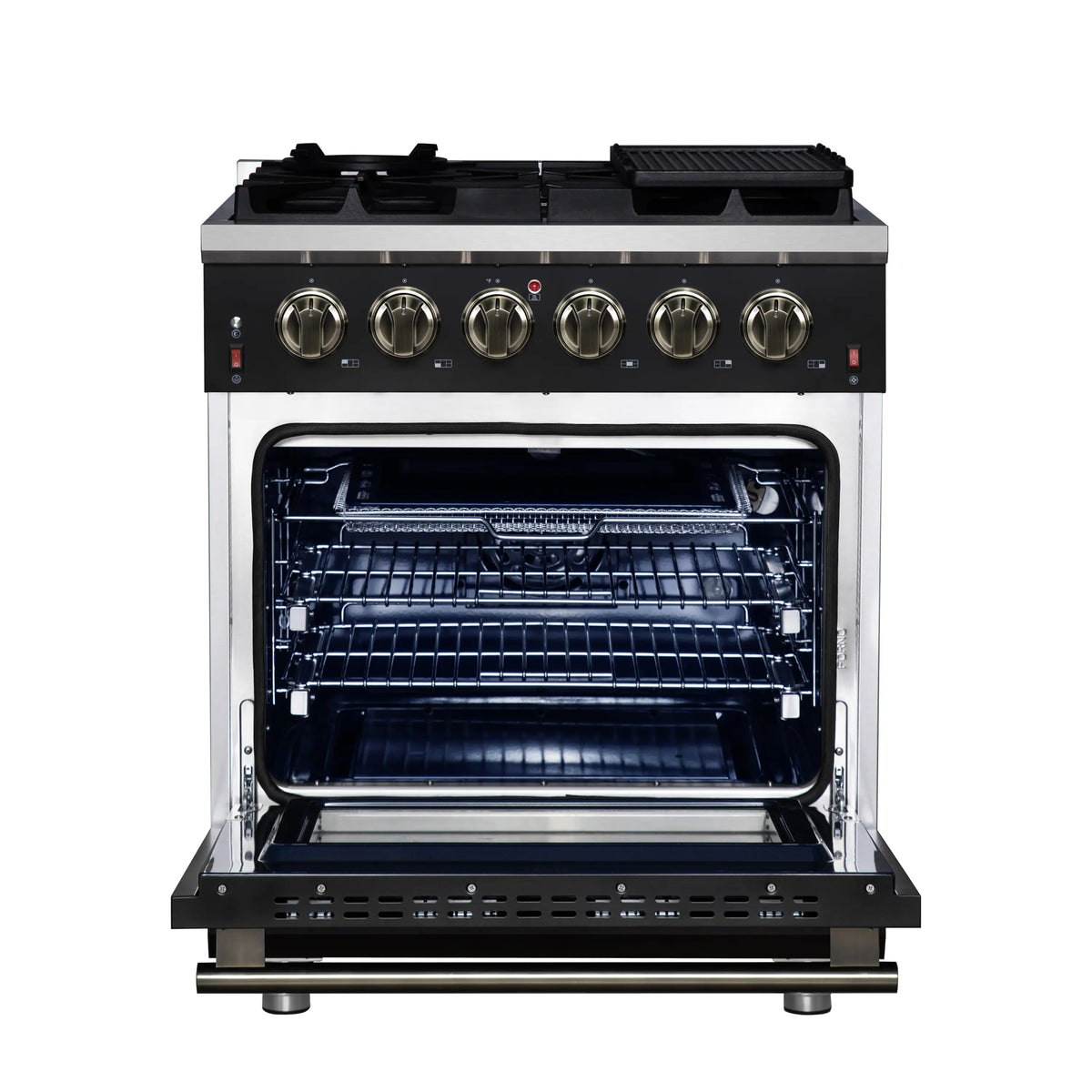 Forno Massimo 30-Inch Freestanding Gas Range, 4 Burners, 4.32 Cu. Ft. Convection Oven, Black with Antique Brass Handle (FFSGS6239-30BLK)