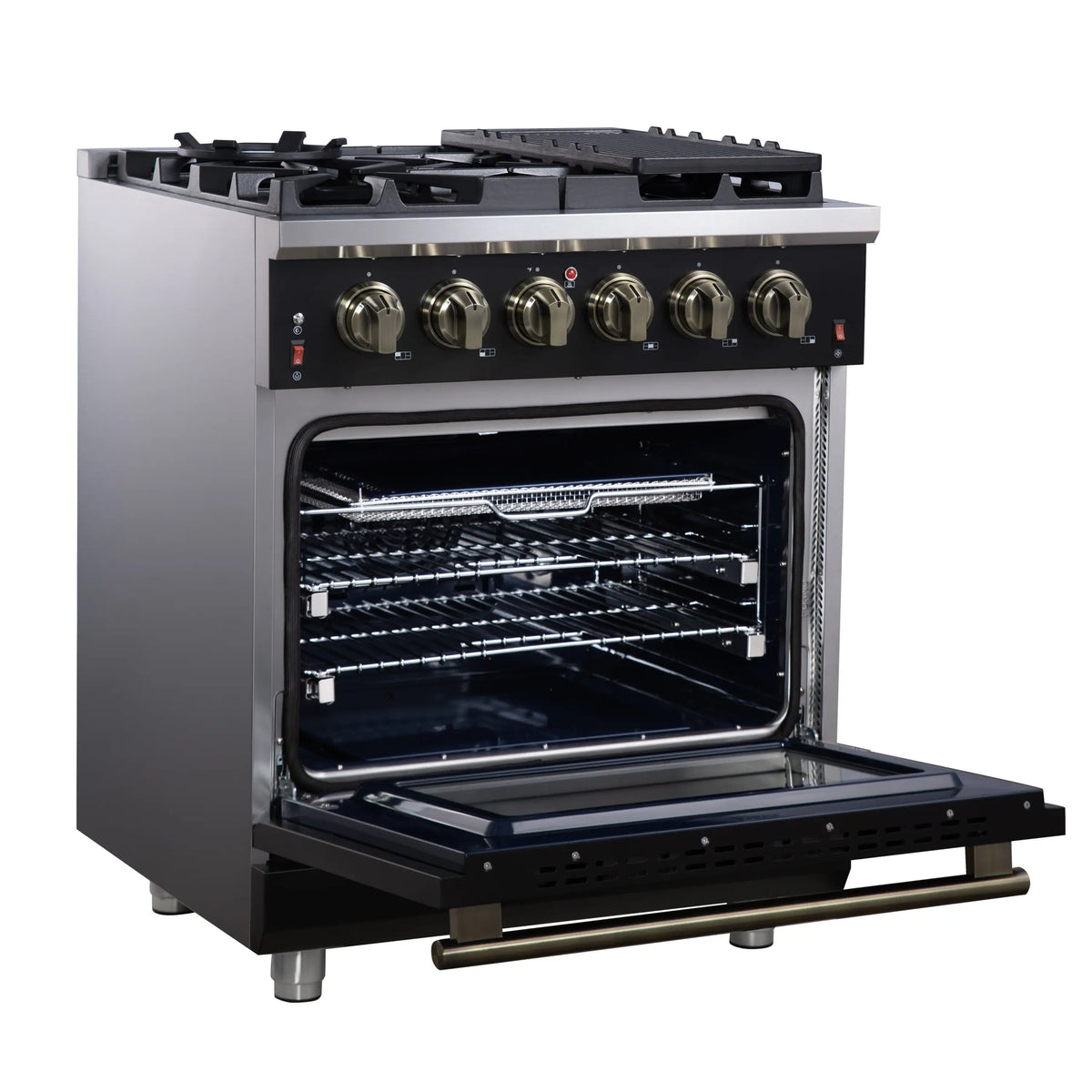 Forno Massimo 30-Inch Freestanding Gas Range, 4 Burners, 4.32 Cu. Ft. Convection Oven, Black with Antique Brass Handle (FFSGS6239-30BLK)