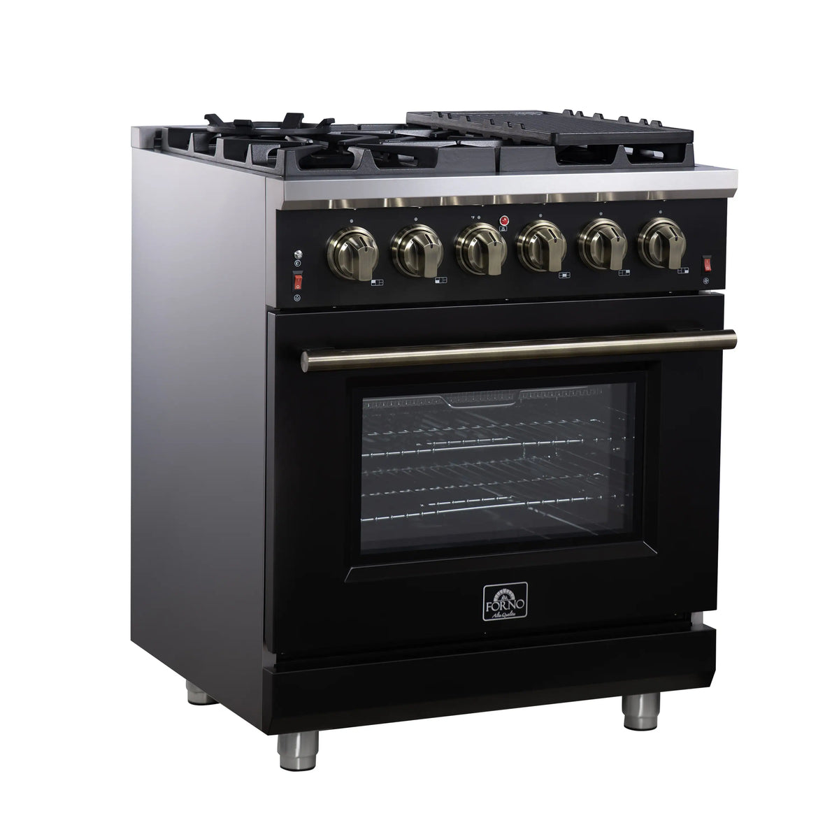 Forno Massimo 30-Inch Freestanding Gas Range, 4 Burners, 4.32 Cu. Ft. Convection Oven, Black with Antique Brass Handle (FFSGS6239-30BLK)