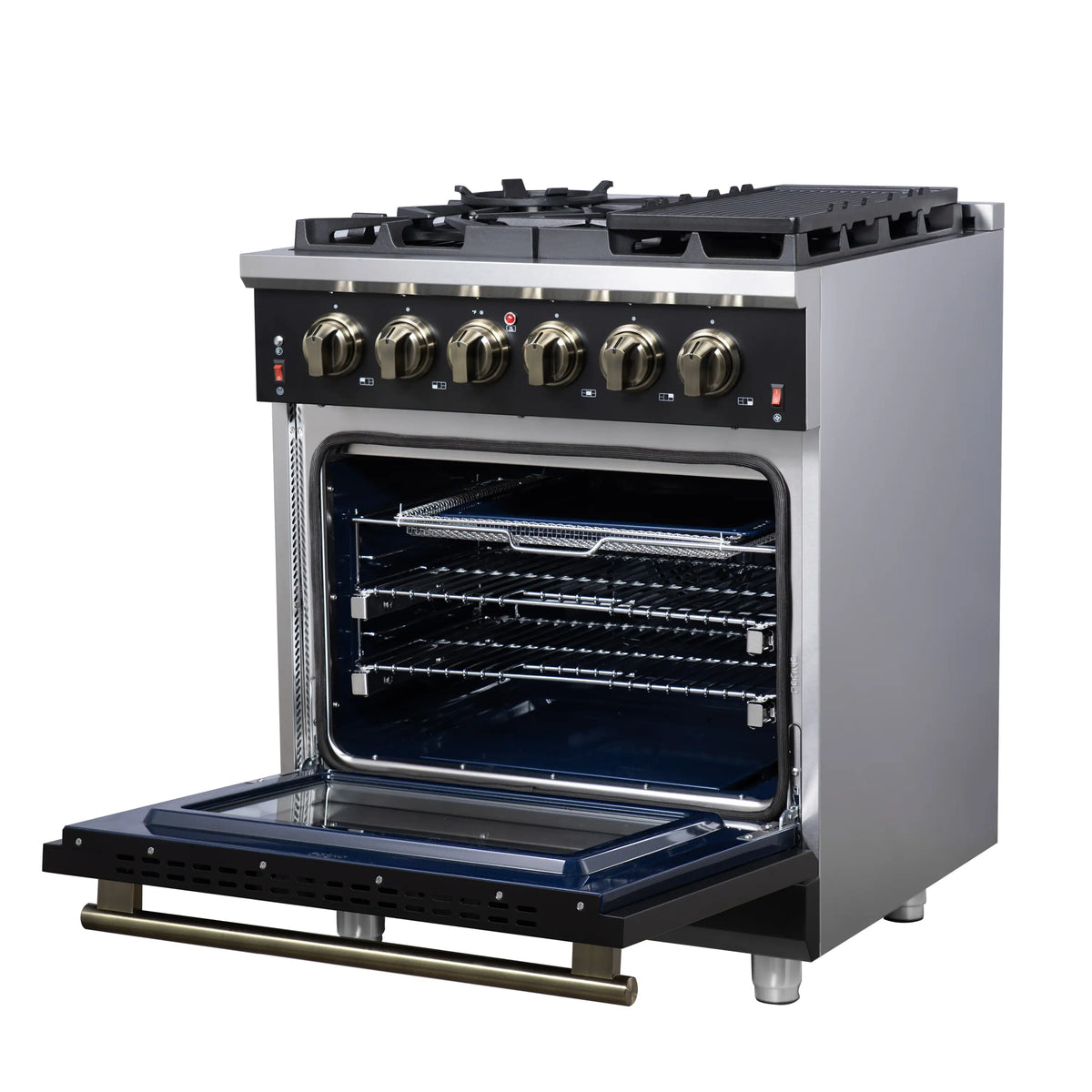 Forno Massimo 30-Inch Freestanding Gas Range, 4 Burners, 4.32 Cu. Ft. Convection Oven, Black with Antique Brass Handle (FFSGS6239-30BLK)
