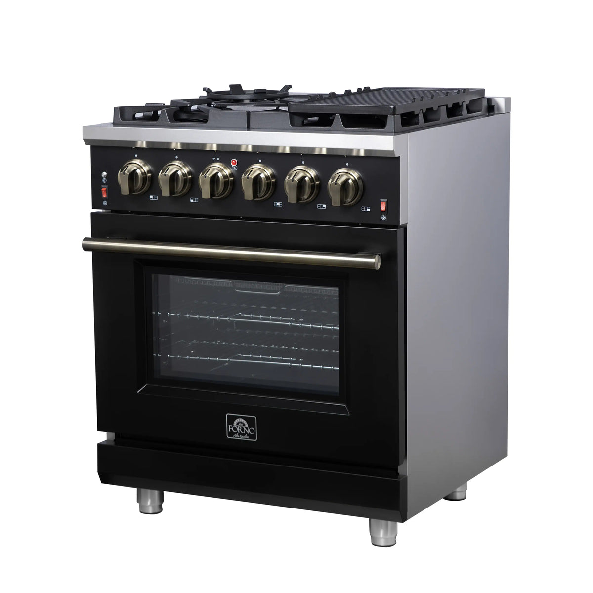 Forno Massimo 30-Inch Freestanding Gas Range, 4 Burners, 4.32 Cu. Ft. Convection Oven, Black with Antique Brass Handle (FFSGS6239-30BLK)