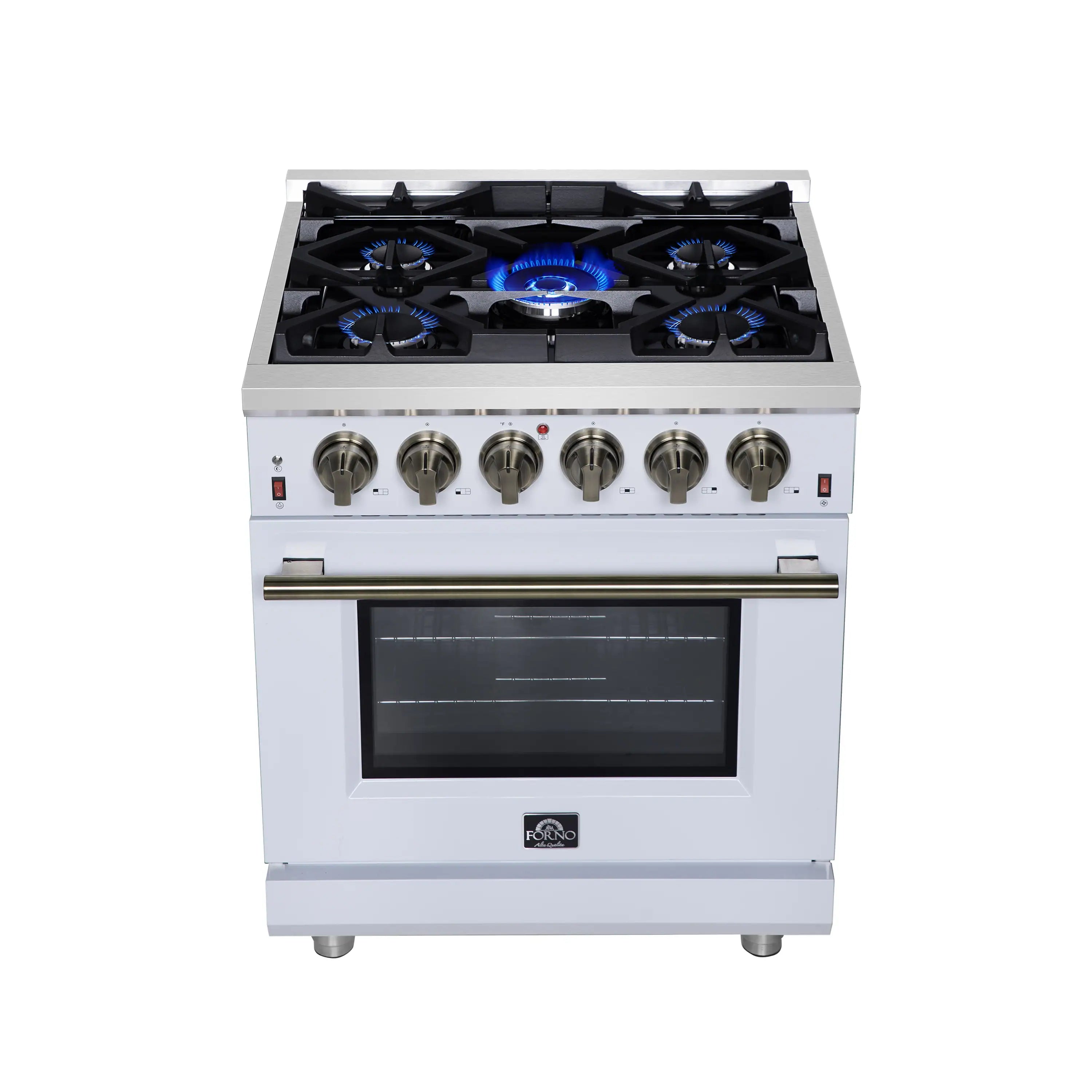Forno Massimo 30-Inch Freestanding Gas Range with 4 Burners and 4.32 Cu. Ft. Convection Oven in White with Antique Brass Handle (FFSGS6239-30WHT)