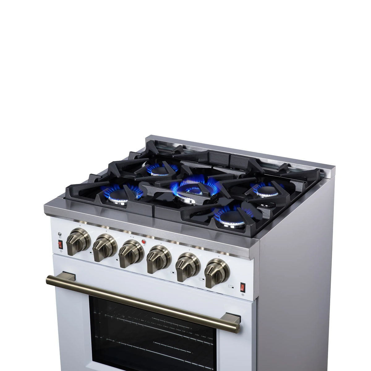 Forno Massimo 30-Inch Freestanding Gas Range, 4 Burners, 4.32 Cu. Ft. Convection Oven, White with Antique Brass Handle (FFSGS6239-30WHT)