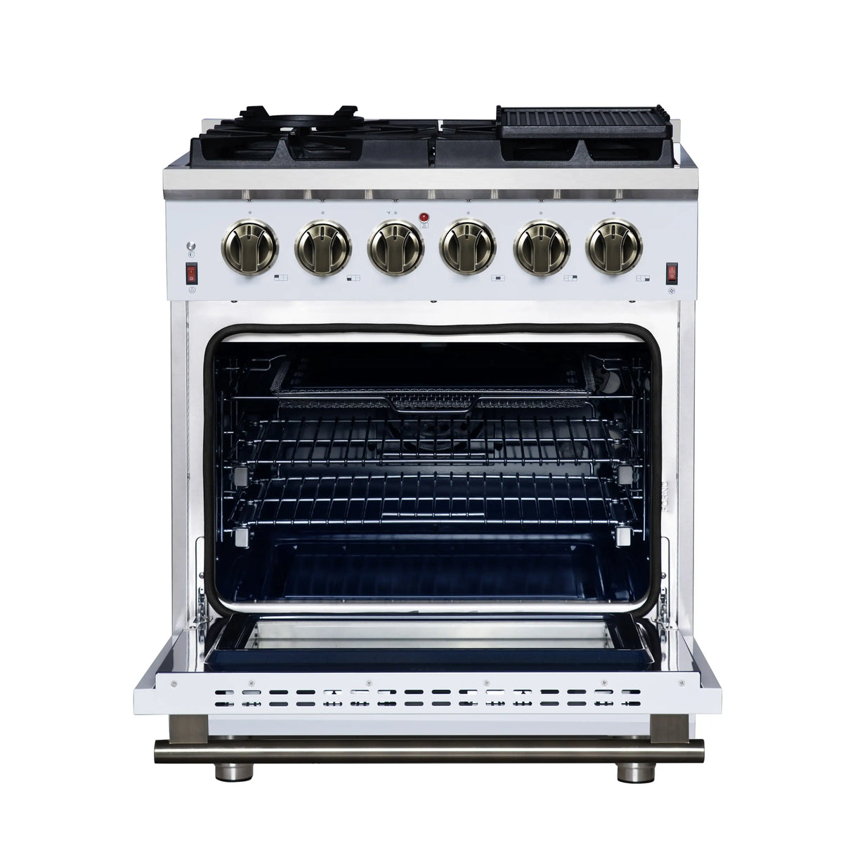 Forno Massimo 30-Inch Freestanding Gas Range, 4 Burners, 4.32 Cu. Ft. Convection Oven, White with Antique Brass Handle (FFSGS6239-30WHT)