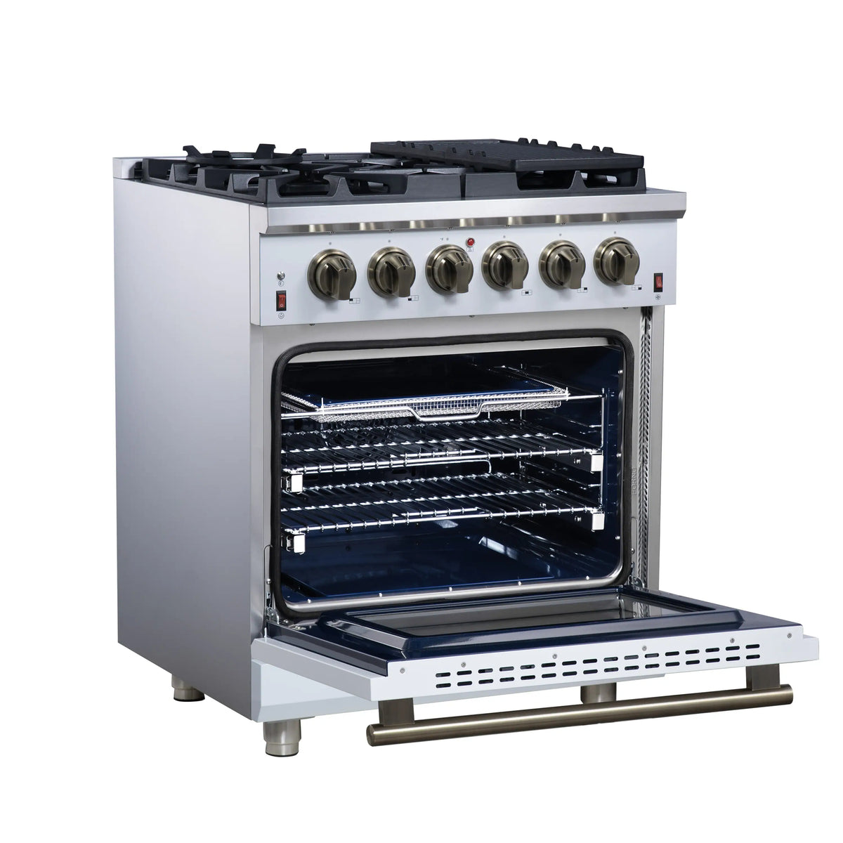Forno Massimo 30-Inch Freestanding Gas Range, 4 Burners, 4.32 Cu. Ft. Convection Oven, White with Antique Brass Handle (FFSGS6239-30WHT)