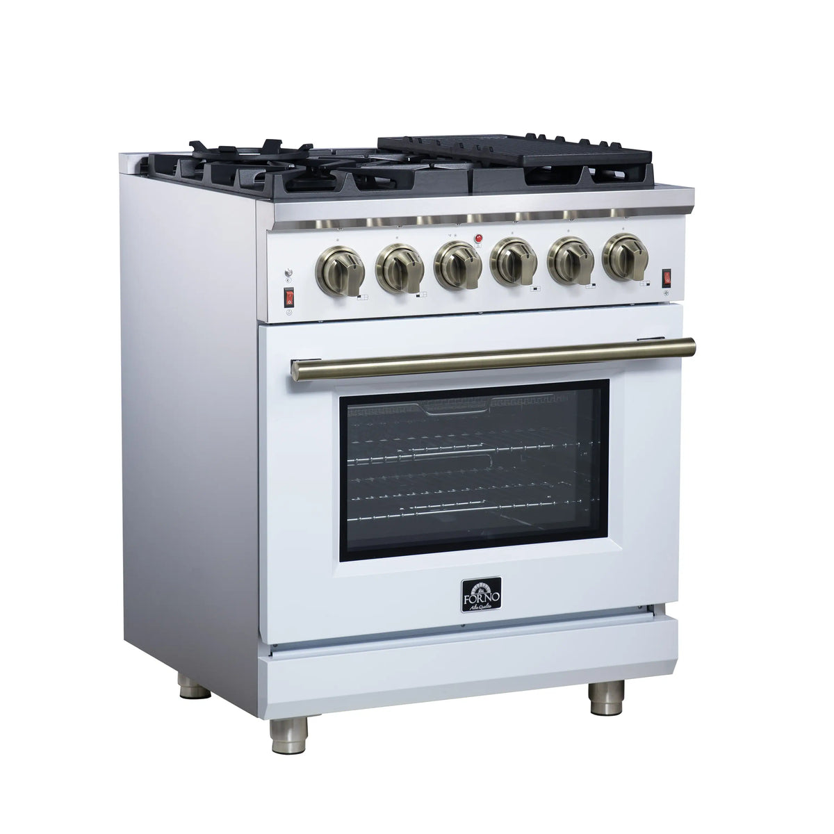 Forno Massimo 30-Inch Freestanding Gas Range, 4 Burners, 4.32 Cu. Ft. Convection Oven, White with Antique Brass Handle (FFSGS6239-30WHT)
