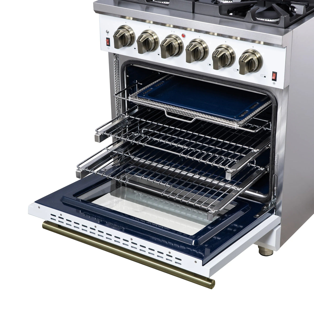 Forno Massimo 30-Inch Freestanding Gas Range, 4 Burners, 4.32 Cu. Ft. Convection Oven, White with Antique Brass Handle (FFSGS6239-30WHT)